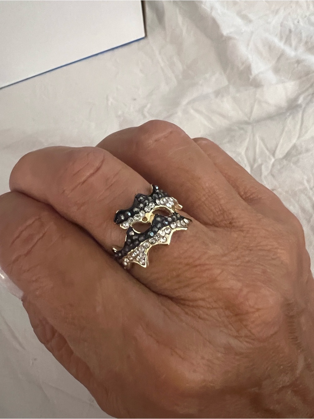 Gold Tone Wave Band Ring with Black and Clear Crystal Accents various sizes NWT